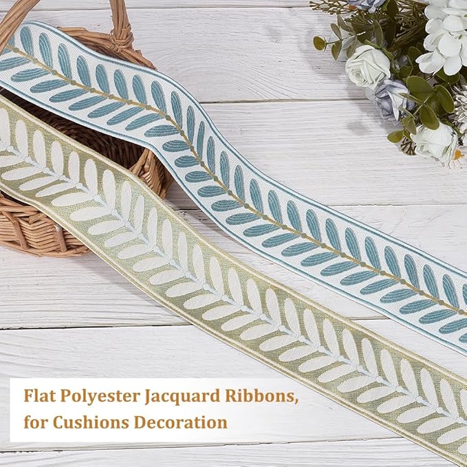 OLYCRAFT 10.9 Yards Jacquard Ribbon Trim 2.4 Inch Leaf Pattern Jacquard Polyester Ribbons Blue Leaf Jacquards Woven Embroidery Trim for DIY Sewing Crafts Handmade Bag Belts Clothing Decoration
