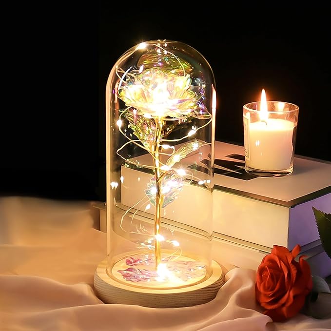 Mothers Day Flowers Gifts for Mom, Birthday Gifts for Women, Galaxy Glass Rose Gifts for Grandma Wife Daughter Artificial Forever Preserved Flowers for Delivery Prime Rose in Glass Dome, Rainbow