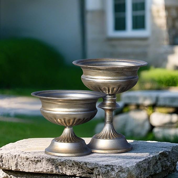 WORTH Silver Color Urn Vases for Centerpieces Set of 2 (Large:8.8" H. x 7.8" Dia. & Small:6.1" H. x 7.8" Dia.), Classic Metal Trumpet Flower Pots for Table, Bowl Vase for Wedding Party Event Home Deco