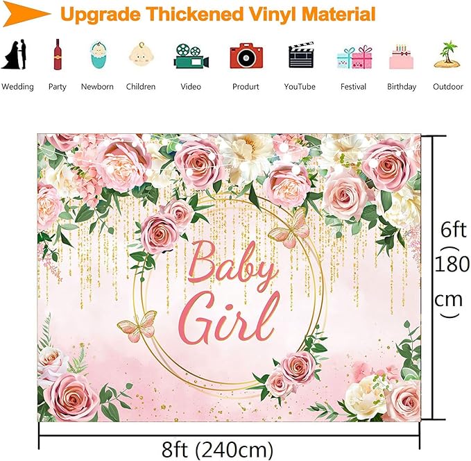 InMemory Pink Rose Baby Girl Baby Shower Backdrop Banner Decorations for Girl,Pink Gold Floral It's a Girl Banner Photography Background for Sweet Girls Baby Shower Party Decor Photo Booth Props 8x6ft