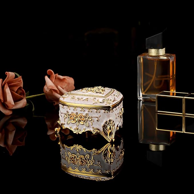 Hipiwe Vintage Metal Jewelry Box - Heart Shape Trinket Organizer Ring Box Case with Rose Pattern Jewelry Storage Box for Ring Earrings Necklace, Gift for Women