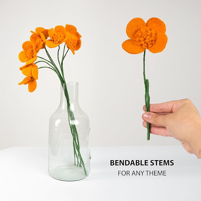 Glaciart One Felt Flowers Artificial Poppies - 8 pcs | Reusable, Washable and Essential Oil Ready Bouquet w/Bendable Long Wire Stem | Great as Gift and Home or Event Decorations