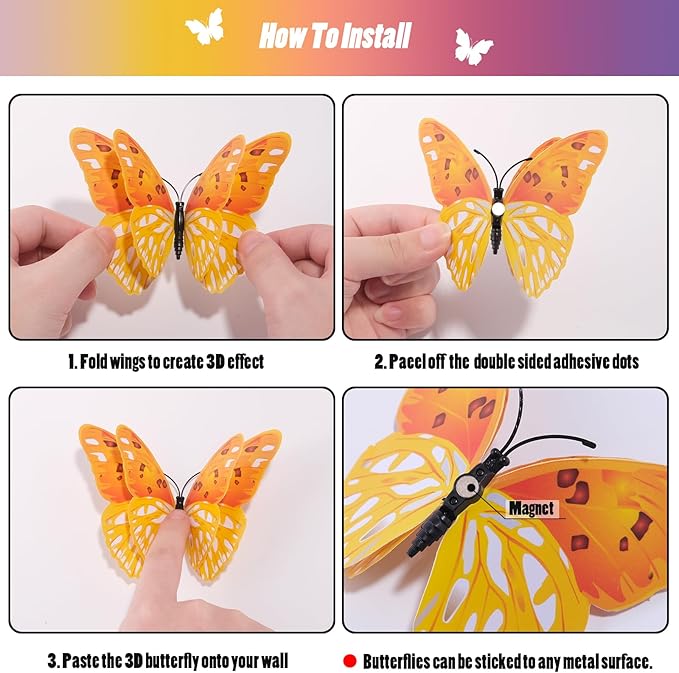 SAOROPEB 3D Butterfly Wall Decor, 48 Pcs Double Layer Butterfly Decorations for Party Decorations Locker Decor Refrigerator Decal, Reusable (Yellow)
