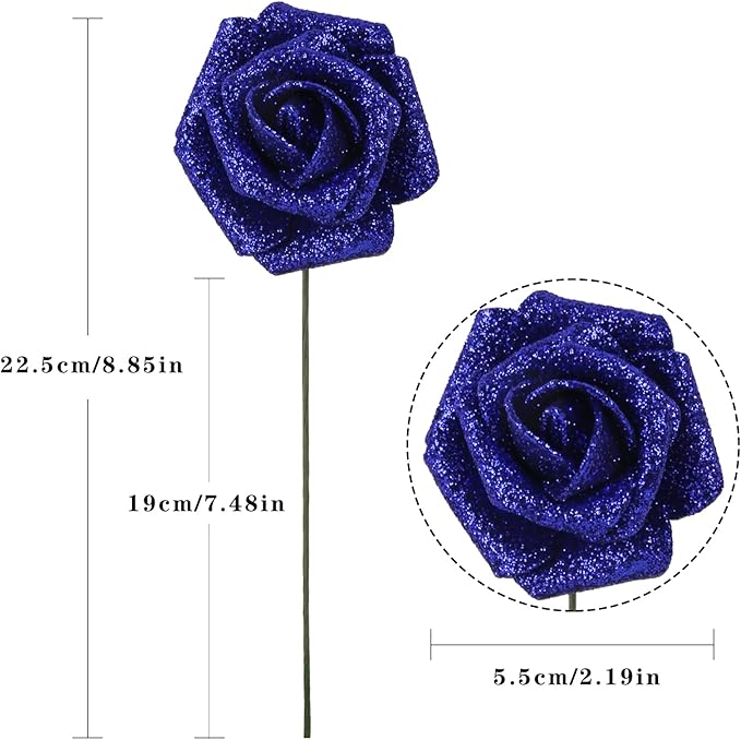 IPOPU Foam Roses,50pcs Royal Blue Glitter Roses Glitter Flowers Foam Flowers with Stem for DIY Wedding Bridal Bouquet Home Party Decoration(Royal Blue)