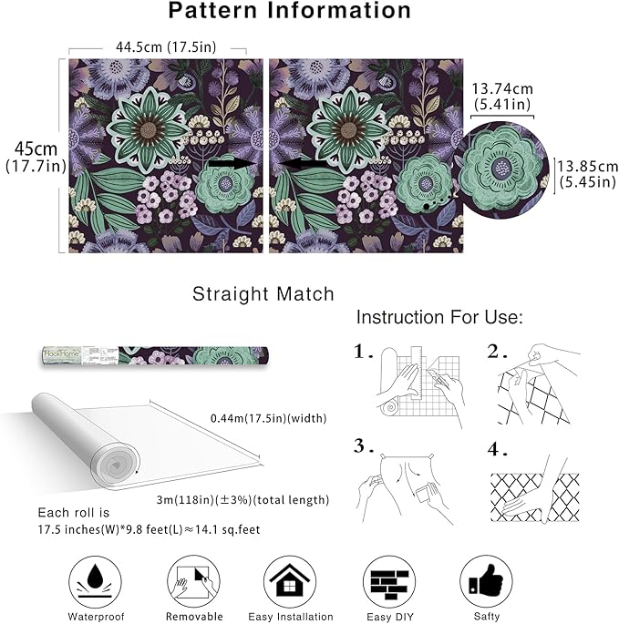 HAOKHOME Boho Peel and Stick Wallpaper Floral Purple Vintage Wall Paper Cottagecore for Bedroom Bathroom Accent Wall 17.3in x 9.8ft