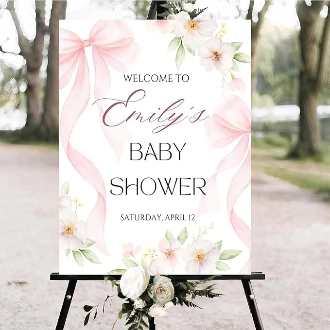 Personalized Pink Bow Baby Shower Welcome Sign, Custom Minimalist Bow Baby Girl Party Sign, Baby's Shower Gifts, Birthday Gifts, Gender Reveal Decorations, Newborn Announcement Party Supplies - 08