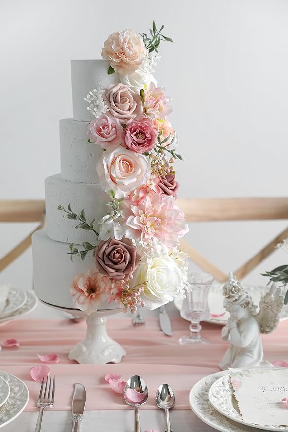 Artificial Flowers Roses Fake Flowers with Stems Pink Dahlia Artificial Flowers for DIY Bridal Bouquets Faux Flowers Centerpieces for Table Home Decor
