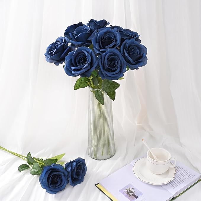 Waipfaru 16 Pcs Blue Roses Artificial Flowers, Long Stem Fake Roses, Silk Faux Flowers for Valentines Wedding Bouquet Vase Centerpiece Home Decor (Navy Blue)