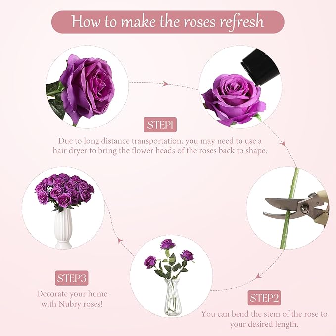 Nubry 24pcs Artificial Silk Roses Bulk,Fake Roses Flower with Stems Realistic Flowers for Wedding Centerpiece Home Party Decor(Purple)