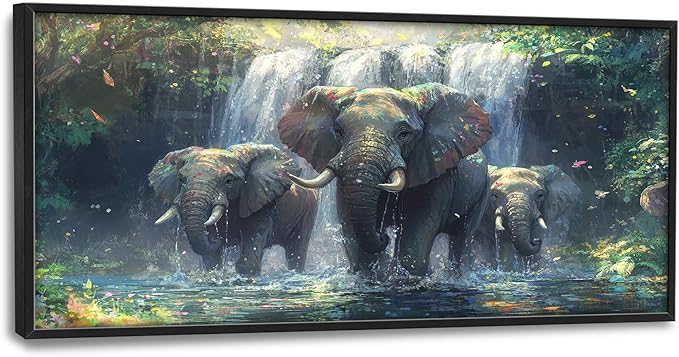 Large Elephant Wall Art for Living Room, Framed Oversized Forest Waterfall Wall Decor, Nature Landscape Canvas Painting Wildlife Artwork for Living Room Dining Room Bathroom Bedroom Office 60"x30"