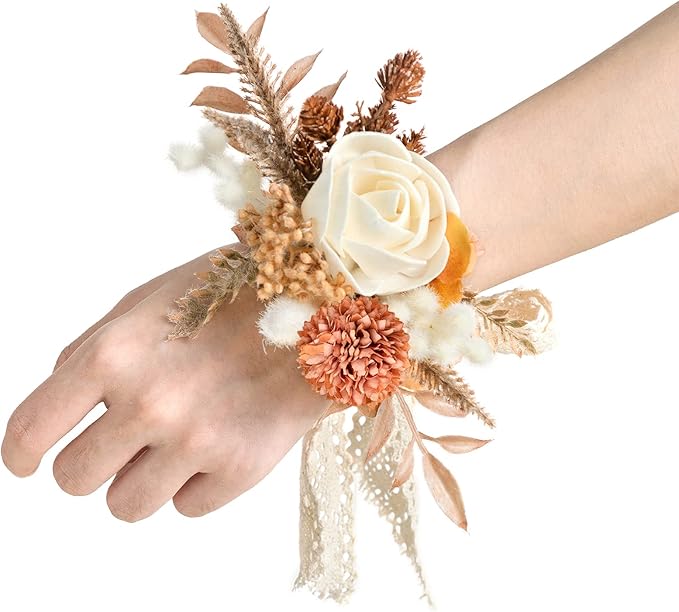 Ling's moment 6pcs Wedding Wrist Corsage Artificial Flowers, Girl/Mother Homecoming Prom Corsages Wristlet Décor, etc. Boho Dried Rustic
