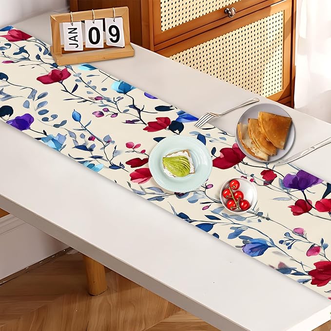Elegant Watercolor Floral Table Runner – 13x72 Inch Linen-Look Fabric with Red, Blue & Purple Blooms on Beige Background, Perfect for Dining Room, Kitchen & Home Decor