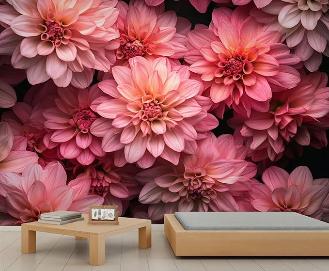 Pink Dahlia Floral Wall Mural, Blush Pink Dahlia 3D Wall Murals, Romantic Floral Wallpaper Mural, for Living Room Bedroom Large Wallpaper Indoor Decor 98.4" W x68.9 H