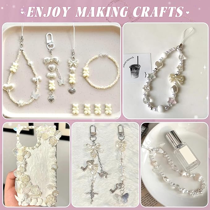 Assorted Acrylic Beads, 260-310PCS Mix ABS Imitation Pearl Cute Beads for Bracelet Making, Bow Flower Kawaii Charms for Jewelry Making DIY Necklace Keychain Phone Charm Christmas Gift