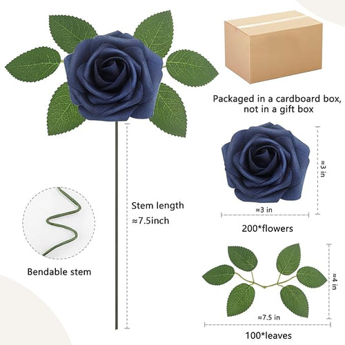 200PCS Navy Blue Artificial Flowers Roses Real Looking Foam Fake Roses with Leaves and for DIY Wedding Bouquets Bridal Shower Centerpieces Party Decorations (Navy Blue, 200)