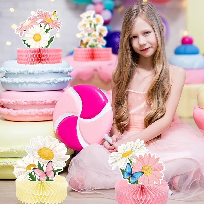 Hotop 9 Pcs Daisy Flower Birthday Party Decorations Pink Wildflower Butterfly Honeycomb 3D Centerpieces for Floral Table Toppers Boho Groovy Party Decorations Girl Baby Shower