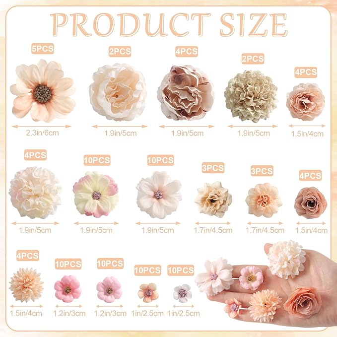 Faux Flower Heads Mini Champagne Artificial Flower Heads Fake Peony Daisy Rose Flowers Multicolor Small Silk Daisy Flower Heads for Craft Garland Wedding Party DIY Home Decoration,2-4 cm