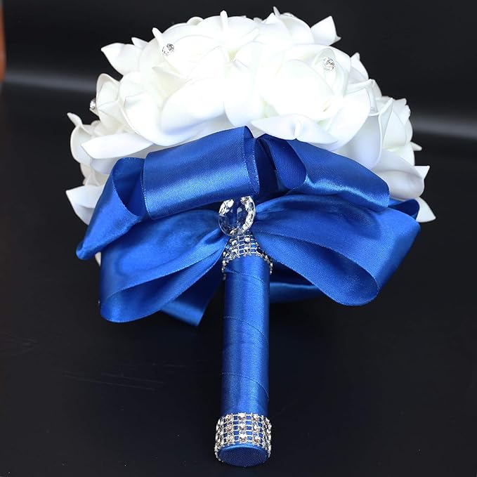 Wedding Bouquet, Royal Blue Bouquet for Bride Bridesmaid with Diamond Soft Ribbons, Artificial Rose Bridal Holding Flowers for Party Church