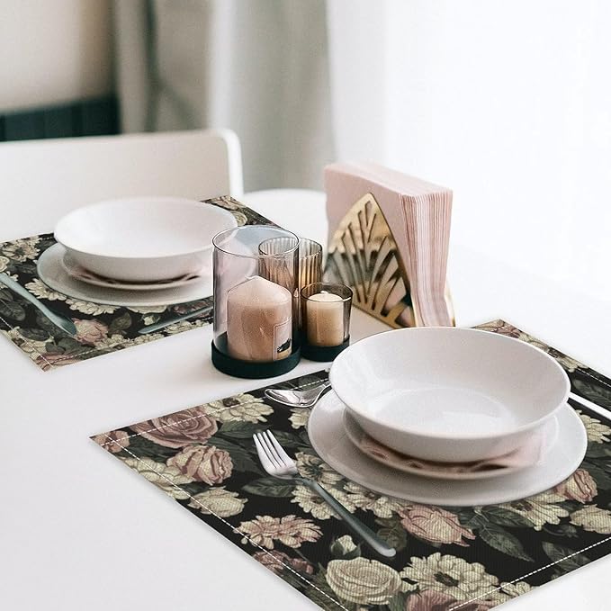 Floral Placemats Set of 4, 17x12 Inch Vintage White Pink Rose Flower Spring Plant Boho Art Print Table Mats for Home Party Kitchen Dining Decor