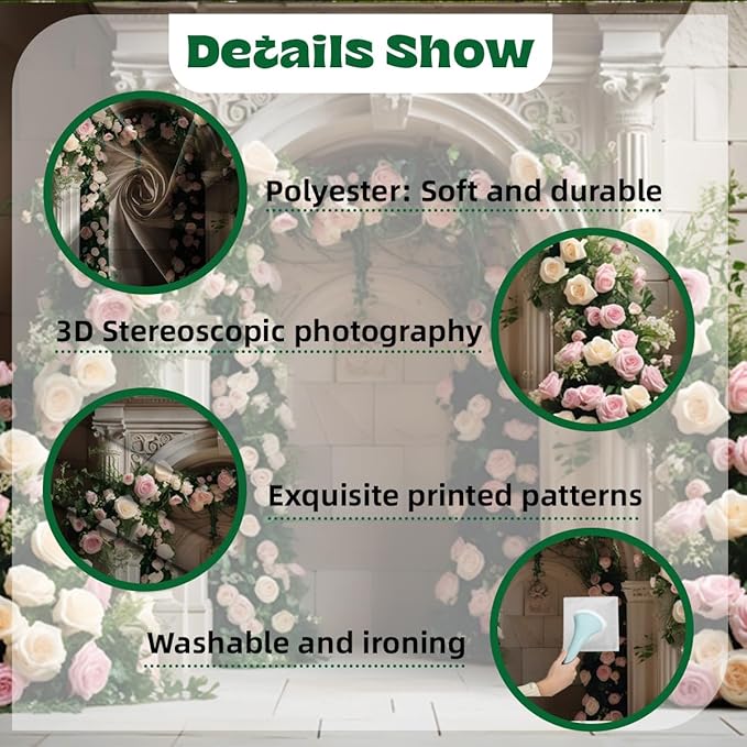 7x5ft White Pink Roses Backdrop Romantic Spring Floral Arch Vintage Palace Wall Background for Wedding Mothers Day Valentines Day Bridal Shower Birthday Princess Couples Women Portraits