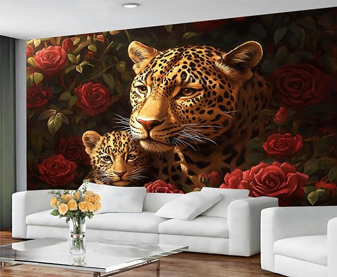 Jungle Rose Leopard Wall Mural, Big Cat Floral 3D Wall Murals, Wild Animal Leopard Wallpaper Mural, for Living Room Bedroom Large Wallpaper Indoor Decor 118" W x 82.6 "H