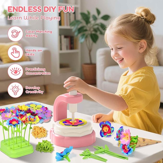Arts Crafts For Kids Ages 4-8：5 6 7 8 9 10 year old Girl Birthday Gift Ideas,christmas stocking stuffers Creative Craft Diy Fabric Flower Bouquets Toys age 8-13,Flower Press Kit Educational Toys