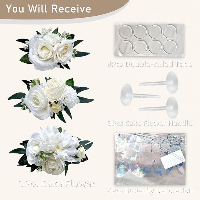 3PCS Ivory White Silk Flowers for Cakes Decorations Artificial Rose Peony Butterfly Wedding Cake Toppers Decorating Fake Floral Anniversary Birthday Party Arrangements Table Centerpieces Pre-Made