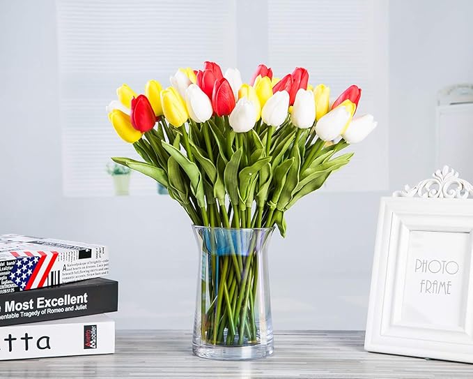 30pcs Artificial Tulips Flowers Real Touch Multicolored Tulips Fake Holland PU Tulip Bouquet Latex Flowers for Wedding Party Office Home Kitchen Decoration (White Red Yellow)