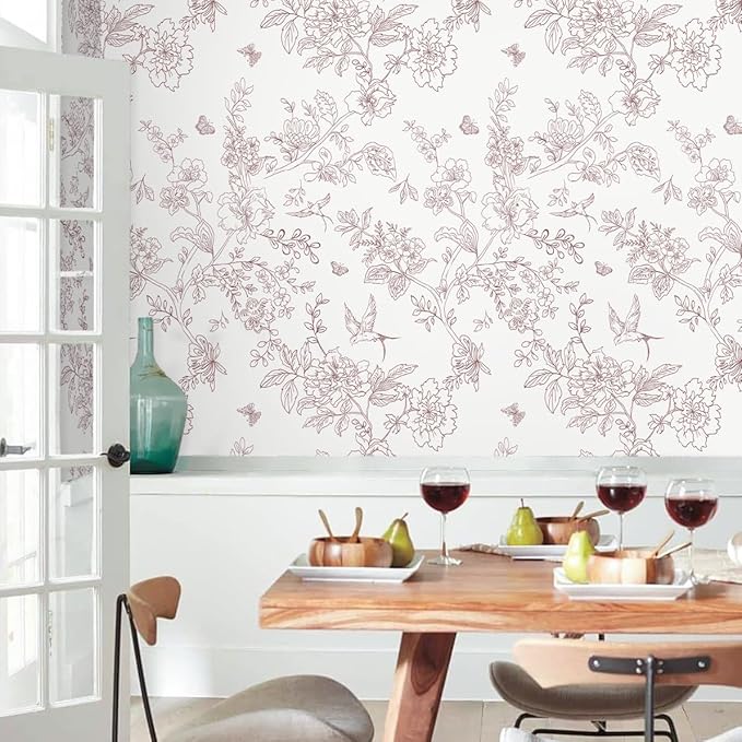 Red and White Floral Peel and Stick Wallpaper 16.9"x196.8" Vintage Floral Contact Paper Peel and Stick Bird Flower Wallpaper Self Adhesive Removable Wall Paper for Cabinets Bathroom Decorative