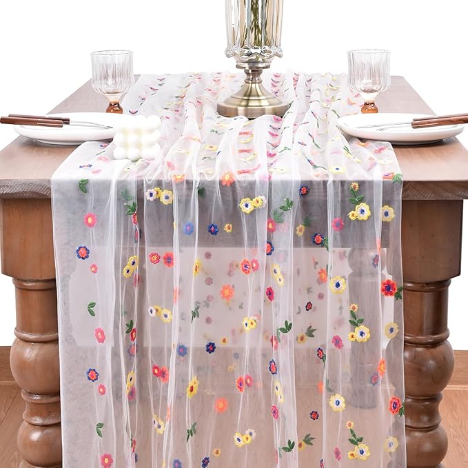 Joanlody Ivory Embroidery Daisy Christmas Table Runner 10ft Florals Seasonal Tulle Table Runner Holiday Kitchen Dining Table Decoration for Home Party Indoor