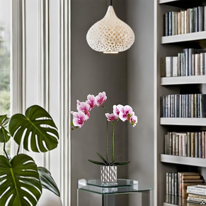 Artificial Orchid with Silver Vase, 20 Inch Purple Heart White Flowers, Indoor Home Decor