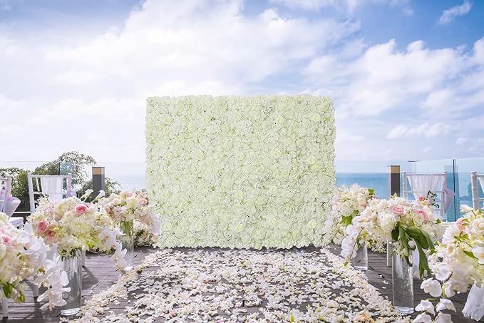 White Artificial Flower Wall Backdrop: 7.5ftx3.74ft Roses Wall Background Panels 3D Floral Wall Decor for Wedding Anniversary Party