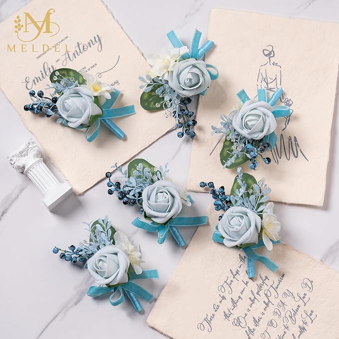 Meldel Blue Boutonniere for Men Wedding, Set of 6, Best Man Groom Groomsmen Boutonniere, Men Boutonnieres for Wedding Prom Party Homecoming Graduation