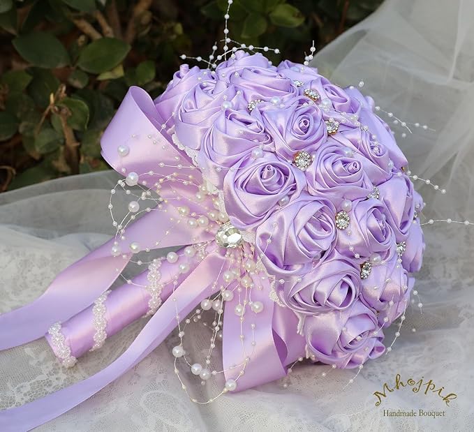 Bridal Wedding Bouquet Round Bling Brooch Bouquet Throw Toss Artificial Rose Flower Bunch for Bride Bridesmaid Wedding Quinceanera(Light Purple, 7.5")