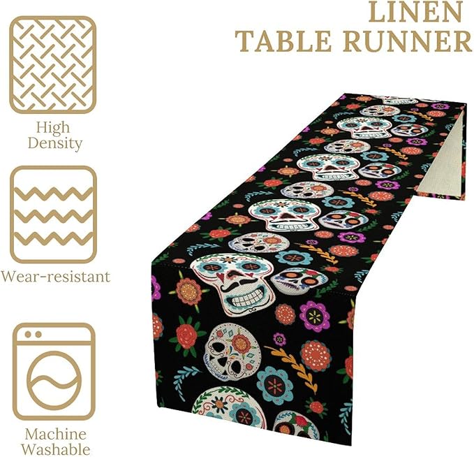 Gothic Skull Table Runner,Vintage Style Colourful Table Runner for Home Kitchen Table Dining Garden Farmhouse Wedding Party Decor 13x60 Inch