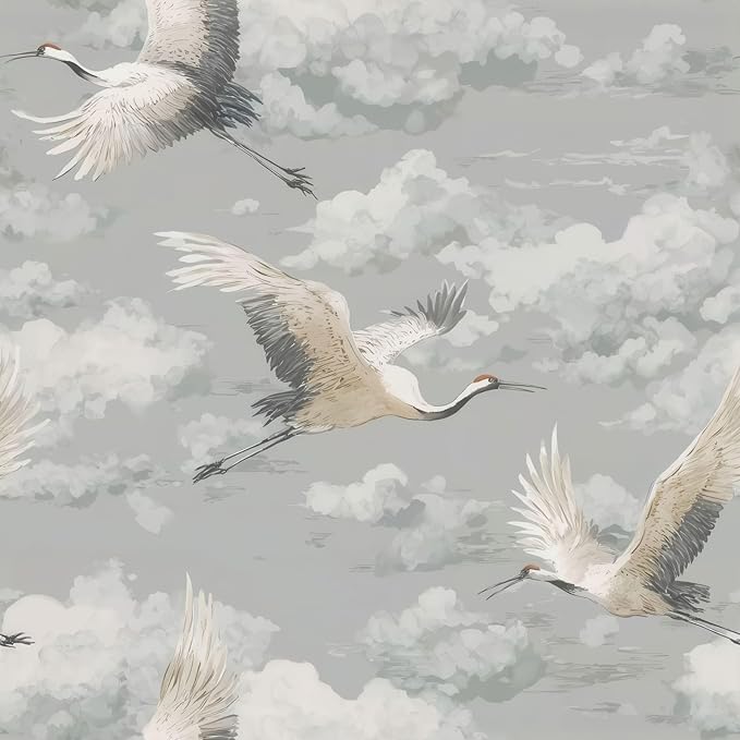 Peel and Stick Vintage Chinoiserie Animal Contact Paper Removable Grey Crane Wallpaper 17.7" x 118.11" Wall Paper Watercolor Self Adhesive for Classroom Bedroom Laundry Room Bathroom