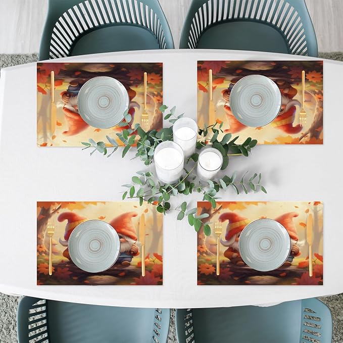 Fall Gnomes Cute Placemats Set of 1 PVC Vinyl Non Slip Table Mats Heat Resistant Place Mats Washable Wipeable Dining Table Mat for Kitchen Decor Party Indoor Outdoor Decorative Gift