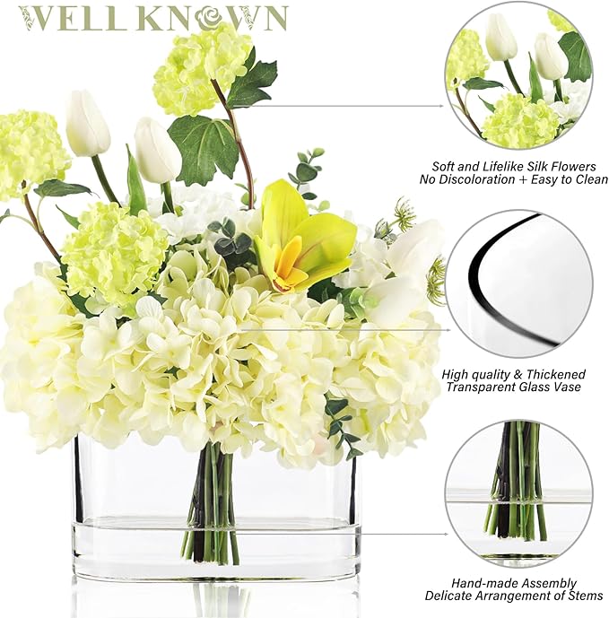 Fake Hydrangea Tulip Flowers in Vase, Artificial Flowers in Vase, Silk Hydrangea Tulip Flowers Dining Table Centerpiece Decorations for Living Room Birthday Wedding Party Decoration & Gift (Green)