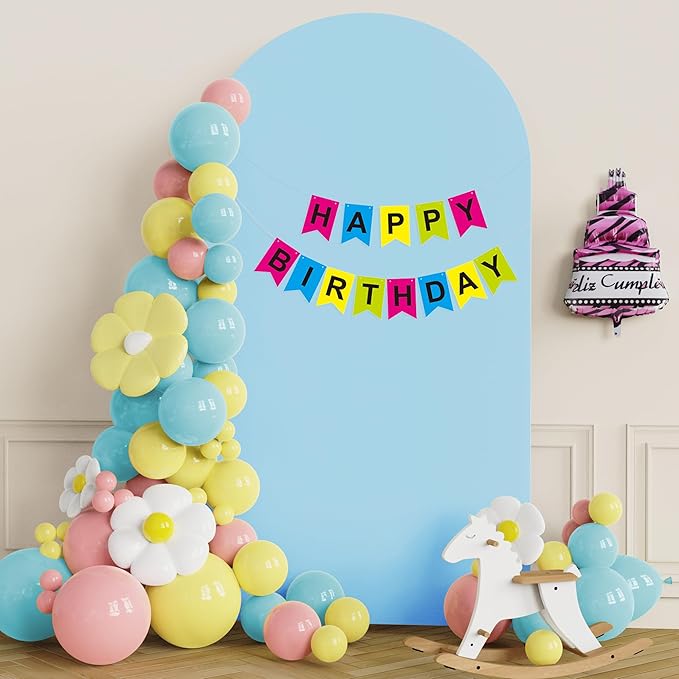 Putros 7.2ft Metal Arch Stand with Cover Dusty Blue Spandex Fitted Wedding Arch Cover and Round Top Chiara Backdrop Stand Set for Birthday Party Baby Shower Decoration