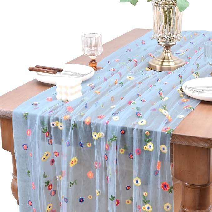 Joanlody Blue Embroidery Daisy Christmas Table Runner Florals Seasonal Tulle Table Runner Holiday Kitchen Dining Table Decoration Wedding Party