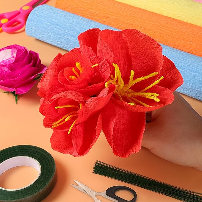 14 Colors Crepe Paper Rolls, 9.8 x 98 Inch Wide Crepe Paper Sheets with 100 Pcs Green Floral Iron Wire, Floral Band, Double-Sided Tape, and Scissors for Birthday Parties Weddings Festival Decoration