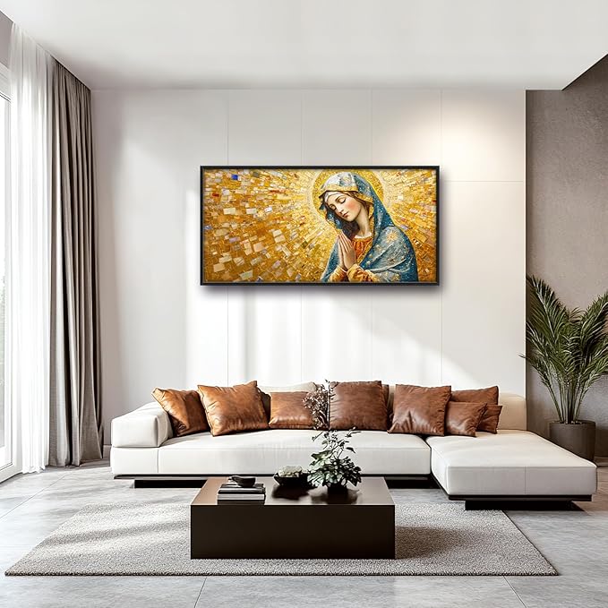 Extra Large Virgin Mary Framed Wall Art for Living Room,Oversized Golden Christian Religious Pictures Wall Decor,Canvas Print Painting Modern Artwork Bedroom Office Bathroom 60L x 30W