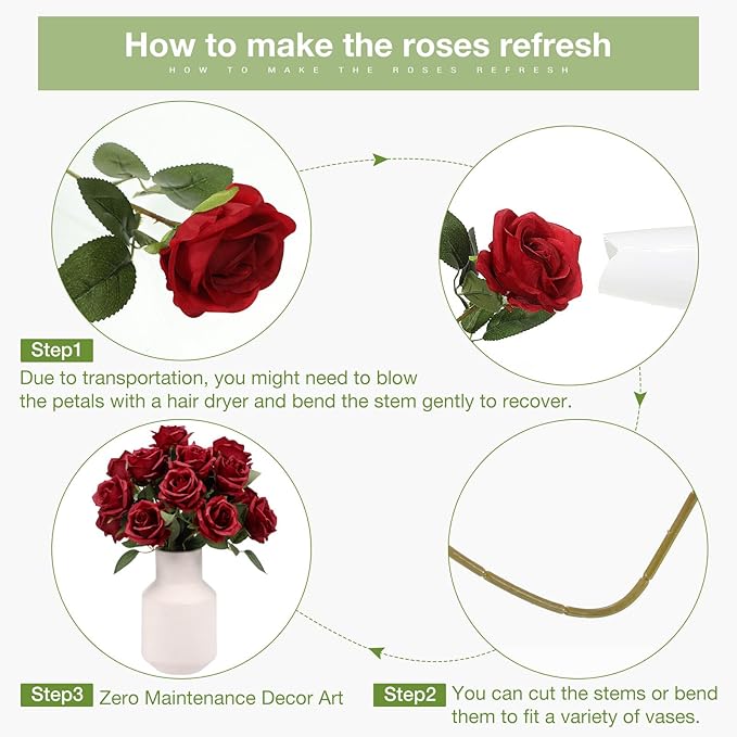 Jexine 60 PCS Artificial Roses Bulk Silk Flowers with Long Stems, Realistic Faux Rose Bouquet for Wedding Centerpieces, Valentine’s Party, Home Decor(Burgundy)