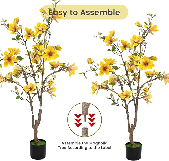 Artificial Magnolia Tree 4.9 ft - with 27 Pcs Yellow Flowers Artificial - Tall Artificial Plants Indoor, Faux Indoor Plants Perfect Potted Magnolia Flower Decor for Living Room, Stairs, Shop, Porch