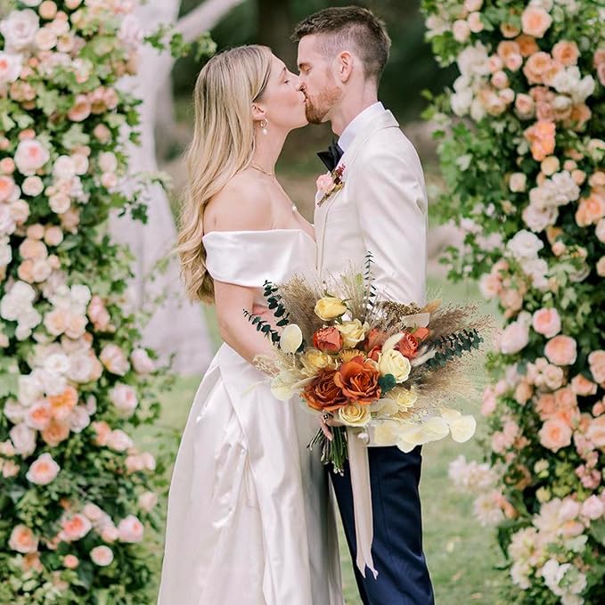 Rinlong 15.7" Wide Fall Wedding Bouquets for Bride Burnt Orange Dried Flowers Pampas Bridal Bouquet for Wedding Boho Terracotta Bouquets