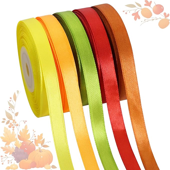 TONIFUL 5 Rolls Thanksgiving Satin Ribbon - 3/8 Inch x 25 Yards Fall Ribbon for DIY Crafts, Gift Wrapping, Table Decor,Wreaths Decor, Autumn Party & Home Decoration (Brown, Orange, Rust, Moss, Yellow)