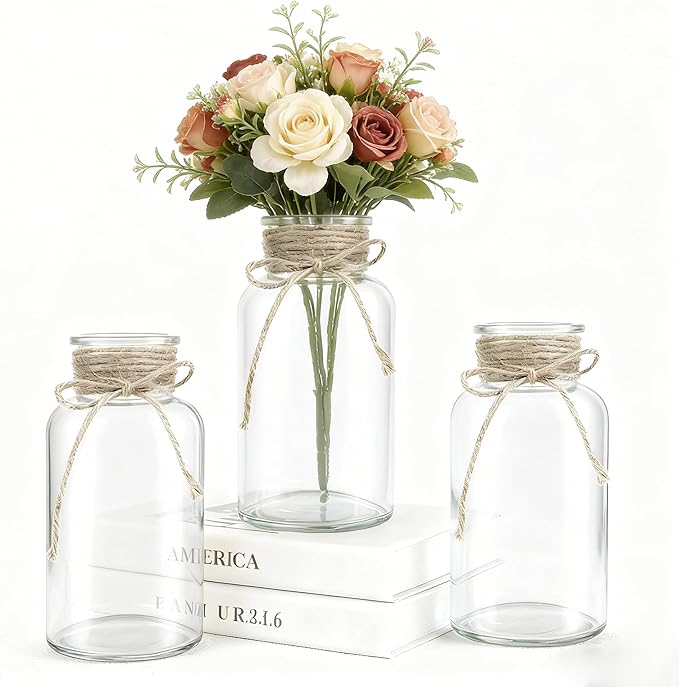 Vintage Glass Flower Vase，3 Pack Farmhouse Transparent White Glass Centerpiece Vases Mason Jars for Weddings, Parties & Home Decor Bulk (3, Transparent)