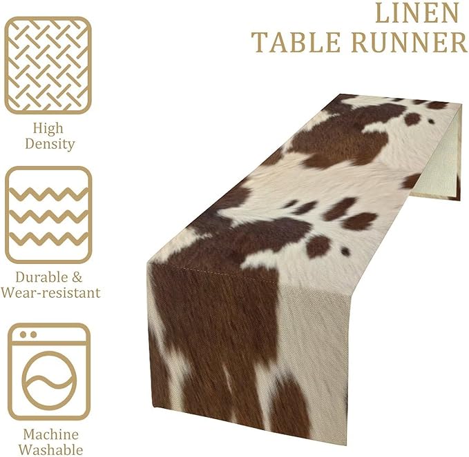 Cow Print Table Runner, Brown Cowhide Western Style Runner Country Farmhouse Cottage Patten Decoration for Home Kitchen Dining,13x36 Inch