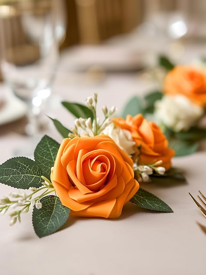 InnoGear Artificial Flowers, 50 Pcs Orange Rose Foam Fake Roses Bulk with Stems for Autumn Fall Decoration DIY Wedding Bouquets Centerpieces Bridal Shower Party Christmas Tree