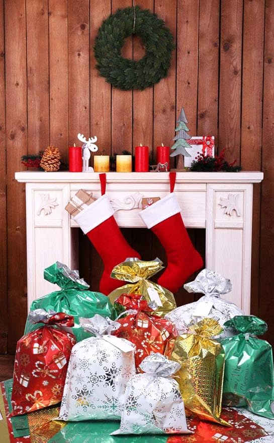 WesGen Christmas Gift Bags, 32Pcs Santa Wrapping Bag in 4 Sizes and 4 Designs with Ribbon Ties and Tags for Wrapping Holiday